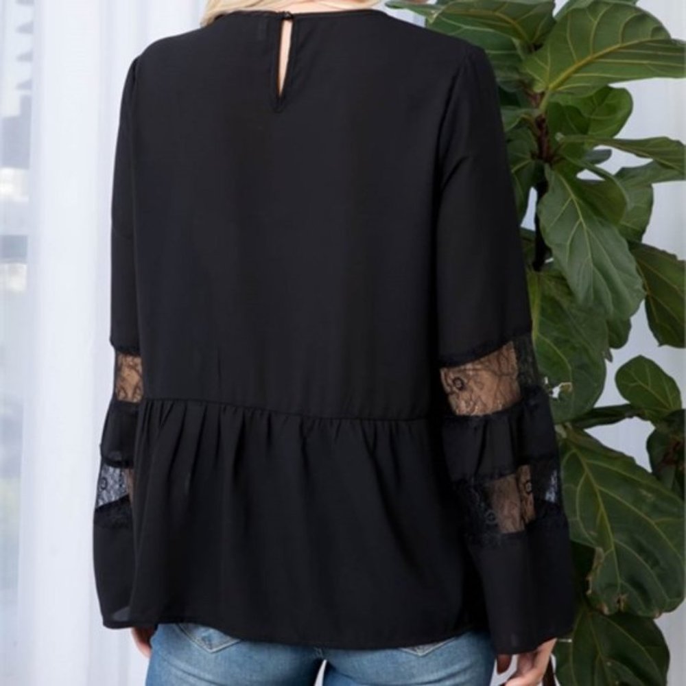 Black Long bell Sleeved Lace detailed Blouse - Picture 3 of 7